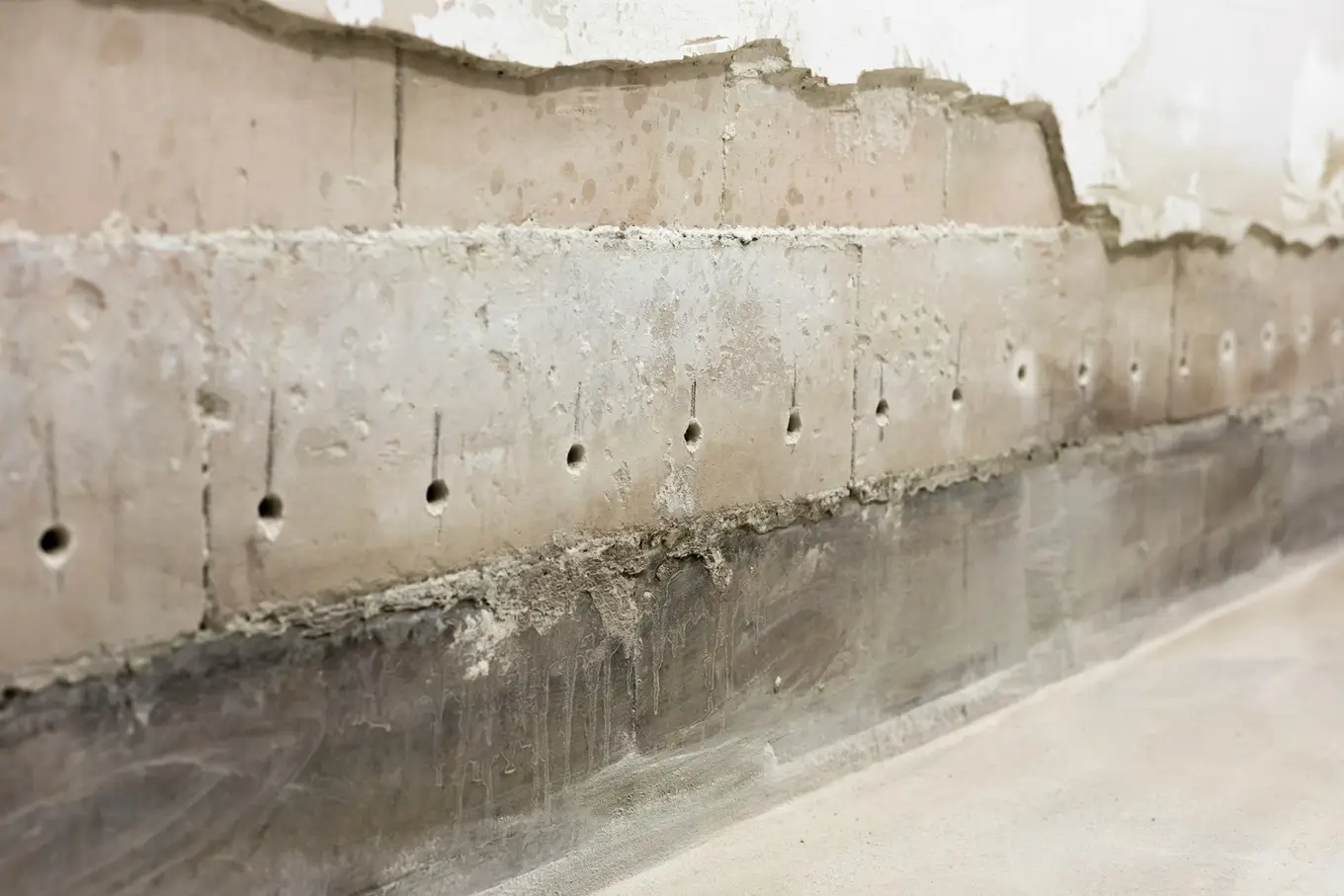 betonowa ściana z wywierconymi otworami